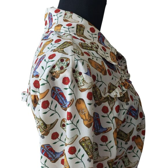 Sandro Cowboy Boot Print Belted Midi Shirt Dress Bootseen Western Cowgirl - Picture 10 of 16